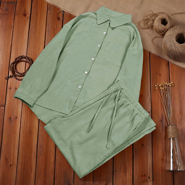 Buddha Stones 2Pcs Long Sleeve Shirt Top With Pockets Drawstring Pants Meditation Cotton Clothing Women's Set - image 43