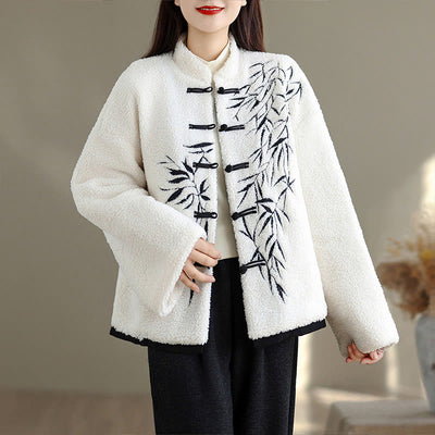 Buddha Stones Women's Embroidered Long Sleeve Thickened Cotton Jacket With Pockets - White - US16，UK/AU20，EU48 (3XL) - image 0