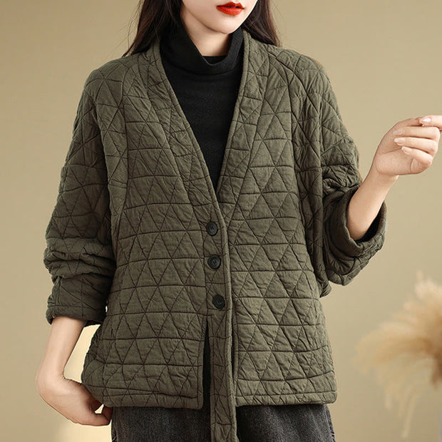 Buddha Stones Women's Buttons Long Sleeve Thickened Cotton Jacket With Pockets - Olive - US14，UK/AU18，EU46 (2XL) - image 3