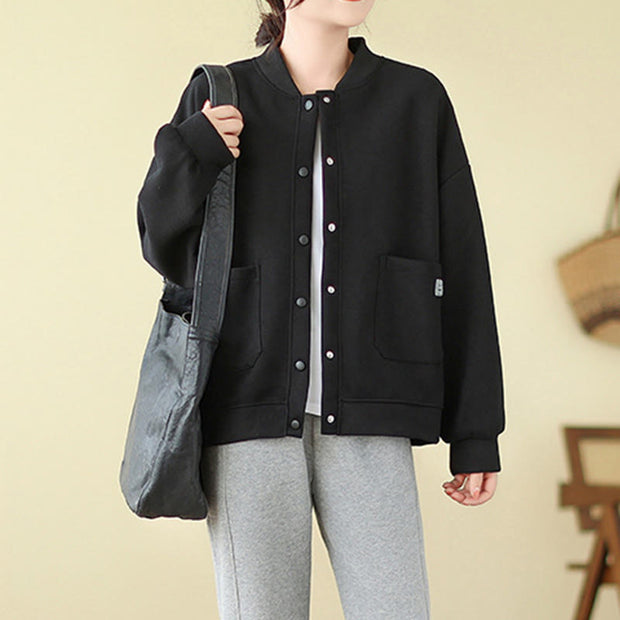Buddha Stones Plain Women's Buttons Crew Neck Long Sleeve Cotton Jacket With Pockets - image 6