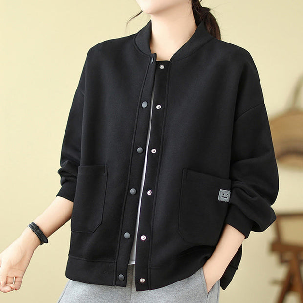 Buddha Stones Plain Women's Buttons Crew Neck Long Sleeve Cotton Jacket With Pockets - image 1