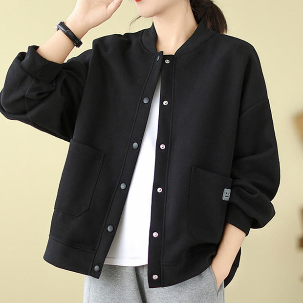 Buddha Stones Plain Women's Buttons Crew Neck Long Sleeve Cotton Jacket With Pockets - image 5