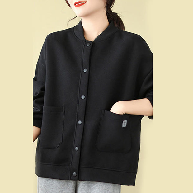 Buddha Stones Plain Women's Buttons Crew Neck Long Sleeve Cotton Jacket With Pockets - image 4
