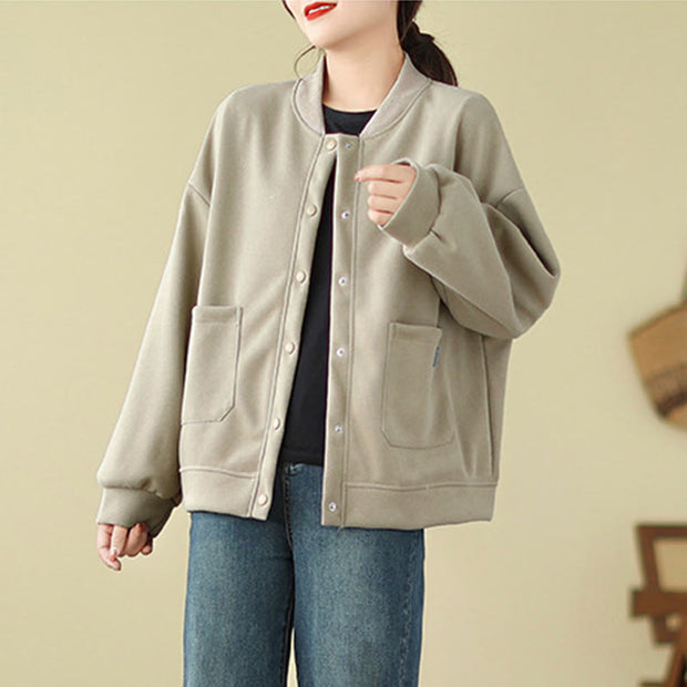 Buddha Stones Plain Women's Buttons Crew Neck Long Sleeve Cotton Jacket With Pockets - image 10