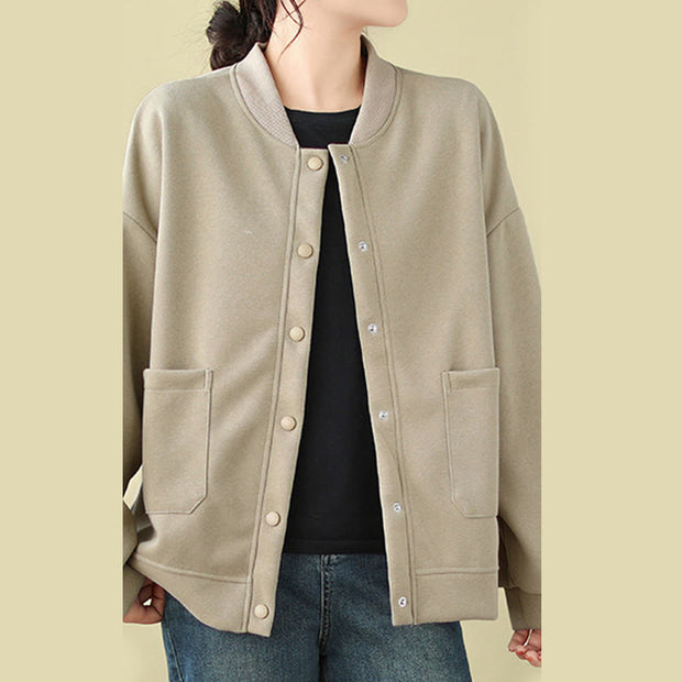 Buddha Stones Plain Women's Buttons Crew Neck Long Sleeve Cotton Jacket With Pockets - image 8
