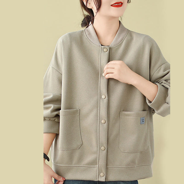 Buddha Stones Plain Women's Buttons Crew Neck Long Sleeve Cotton Jacket With Pockets - image 9