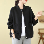 Buddha Stones Plain Women's Buttons Crew Neck Long Sleeve Cotton Jacket With Pockets - Black - US12，UK/AU16，EU44 (XL) - image 0