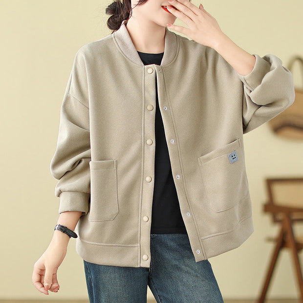 Buddha Stones Plain Women's Buttons Crew Neck Long Sleeve Cotton Jacket With Pockets - Beige - US12，UK/AU16，EU44 (XL) - image 7