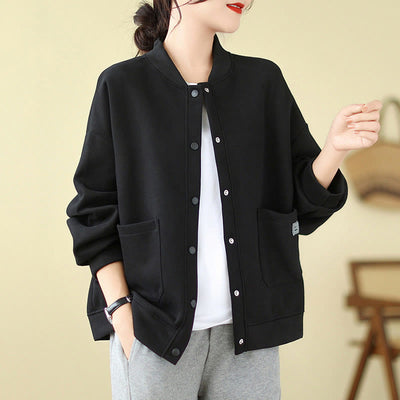 Buddha Stones Plain Women's Buttons Crew Neck Long Sleeve Cotton Jacket With Pockets - Black - US12，UK/AU16，EU44 (XL) - image 0