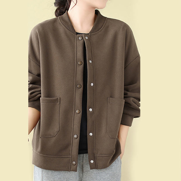 Buddha Stones Plain Women's Buttons Crew Neck Long Sleeve Cotton Jacket With Pockets - image 20