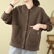 Buddha Stones Plain Women's Buttons Crew Neck Long Sleeve Cotton Jacket With Pockets - image 19