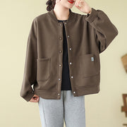 Buddha Stones Plain Women's Buttons Crew Neck Long Sleeve Cotton Jacket With Pockets - Sienna - US12，UK/AU16，EU44 (XL) - image 18