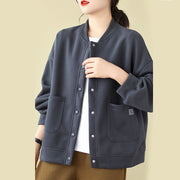 Buddha Stones Plain Women's Buttons Crew Neck Long Sleeve Cotton Jacket With Pockets - SteelBlue - US12，UK/AU16，EU44 (XL) - image 24