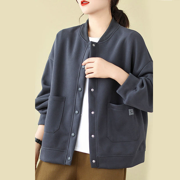 Buddha Stones Plain Women's Buttons Crew Neck Long Sleeve Cotton Jacket With Pockets - SteelBlue - US12，UK/AU16，EU44 (XL) - image 24