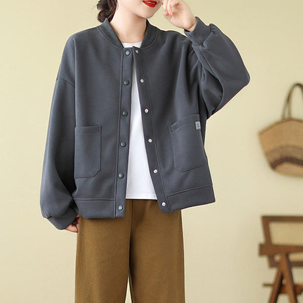 Buddha Stones Plain Women's Buttons Crew Neck Long Sleeve Cotton Jacket With Pockets - image 29