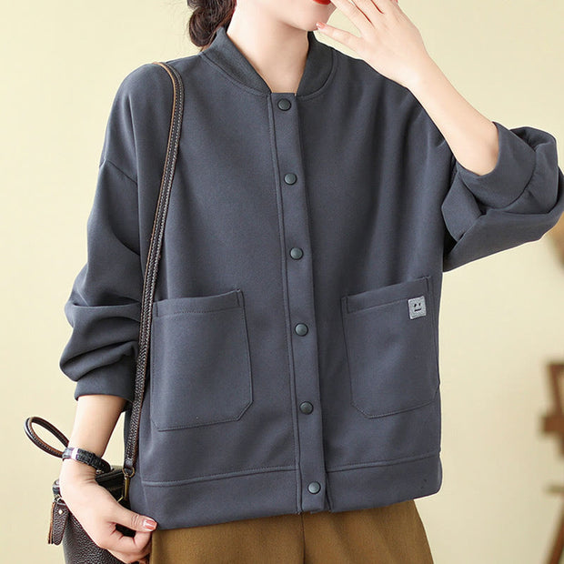 Buddha Stones Plain Women's Buttons Crew Neck Long Sleeve Cotton Jacket With Pockets - image 27