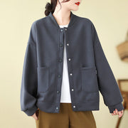 Buddha Stones Plain Women's Buttons Crew Neck Long Sleeve Cotton Jacket With Pockets - image 28