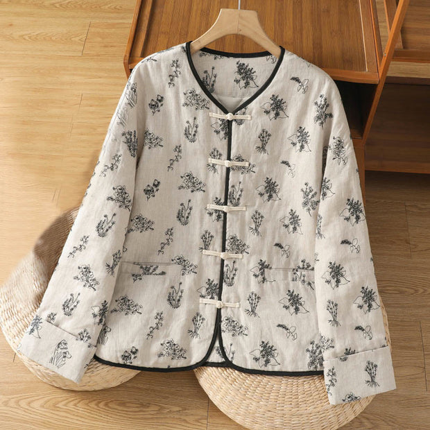 Buddha Stones Women's Embroidery Frog-button Long Sleeve Cotton Padded Jacket With Pockets - White - US14，UK/AU18，EU46 (2XL) - image 0