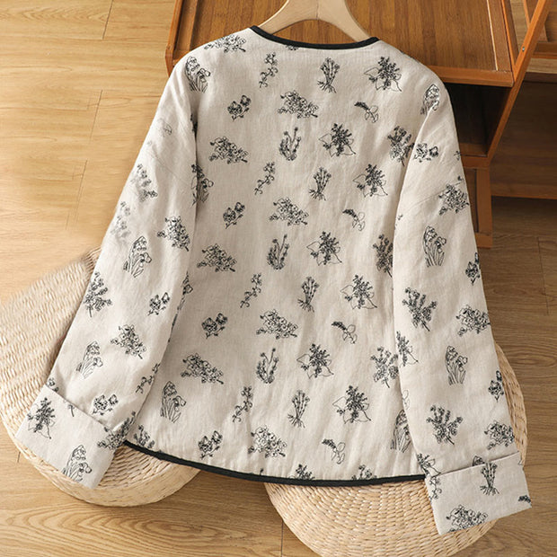 Buddha Stones Women's Embroidery Frog-button Long Sleeve Cotton Padded Jacket With Pockets - image 1