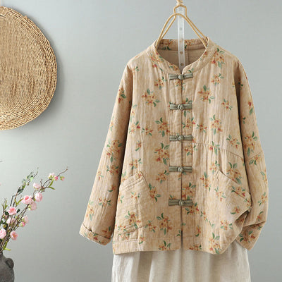 Buddha Stones Women's Print Flowers Frog-button Long Sleeve Polyester Jacket With Pockets - Moccasin - US14，UK/AU18，EU46 (2XL) - image 0