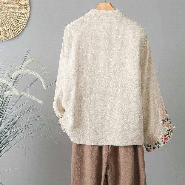 Buddha Stones Casual Women's Embroidery Long Sleeve Stand Collar Cotton Shirt - image 2