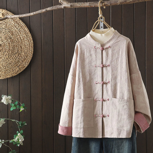 Buddha Stones Casual Women's Flower Pattern Long Sleeve Stand Collar Cotton Shirt - LavenderBlush - US14，UK/AU18，EU46 (2XL) - image 0