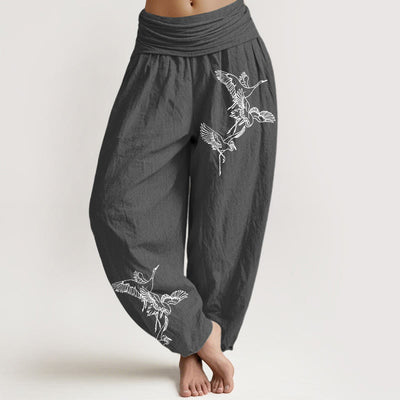 Buddha Stones Flying Crane Pattern Women's Elastic Waist Harem Cotton Pants - Gray - US22，UK/AU26，EU54 (6XL) - image 0