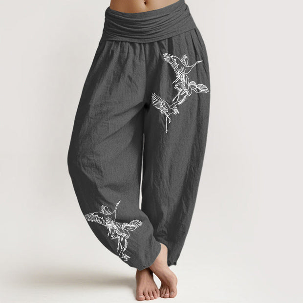 Buddha Stones Flying Crane Pattern Women's Elastic Waist Harem Cotton Pants - Gray - US22，UK/AU26，EU54 (6XL) - image 0