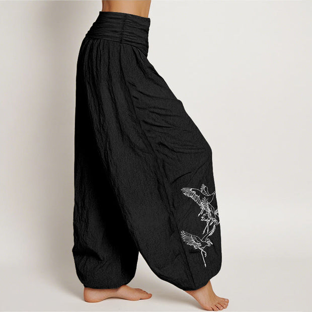 Buddha Stones Flying Crane Pattern Women's Elastic Waist Harem Cotton Pants - image 6