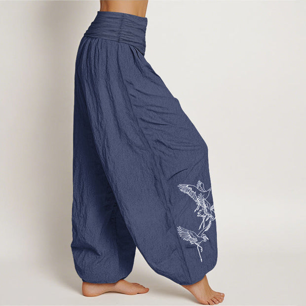 Buddha Stones Flying Crane Pattern Women's Elastic Waist Harem Cotton Pants - image 9