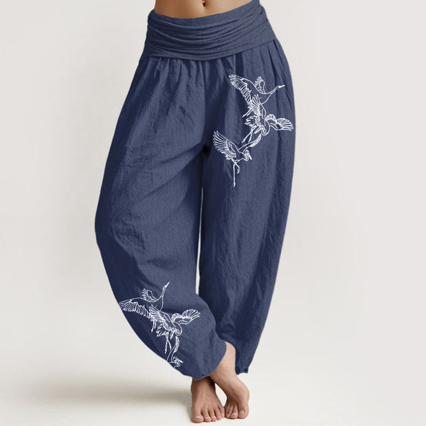 Buddha Stones Flying Crane Pattern Women's Elastic Waist Harem Cotton Pants - SteelBlue - US22，UK/AU26，EU54 (6XL) - image 8
