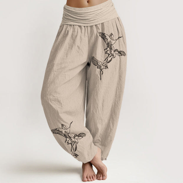Buddha Stones Flying Crane Pattern Women's Elastic Waist Harem Cotton Pants - Bisque - US22，UK/AU26，EU54 (6XL) - image 11