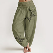 Buddha Stones Flying Crane Pattern Women's Elastic Waist Harem Cotton Pants - Olive - US22，UK/AU26，EU54 (6XL) - image 14