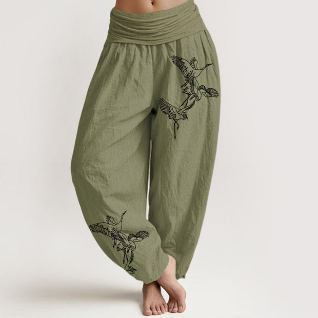 Buddha Stones Flying Crane Pattern Women's Elastic Waist Harem Cotton Pants - Olive - US22，UK/AU26，EU54 (6XL) - image 14