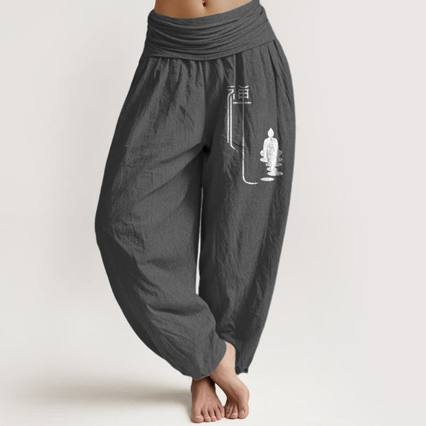 Buddha Stones Zen Buddhist Pattern Women's Elastic Waist Harem Cotton Pants - DimGray - US22，UK/AU26，EU54 (6XL) - image 8