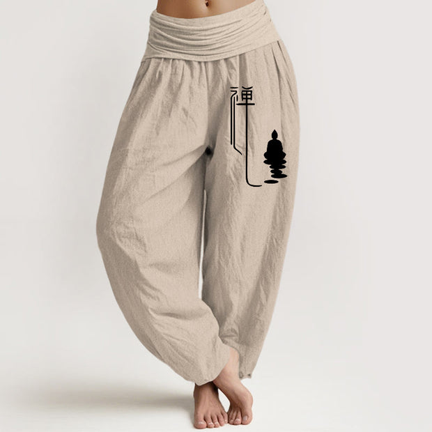 Buddha Stones Zen Buddhist Pattern Women's Elastic Waist Harem Cotton Pants - Tan - US22，UK/AU26，EU54 (6XL) - image 11