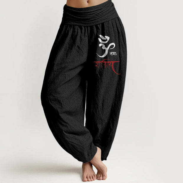 Buddha Stones Om Spells Pattern Women's Elastic Waist Harem Cotton Pants - Black - US22，UK/AU26，EU54 (6XL) - image 5