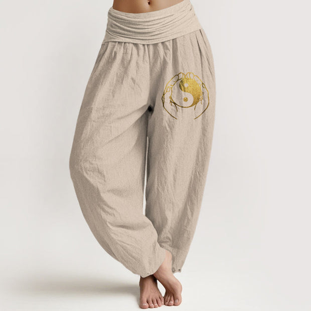 Buddha Stones Yin Yang Hand Pattern Women's Elastic Waist Harem Cotton Pants - Tan - US22，UK/AU26，EU54 (6XL) - image 11