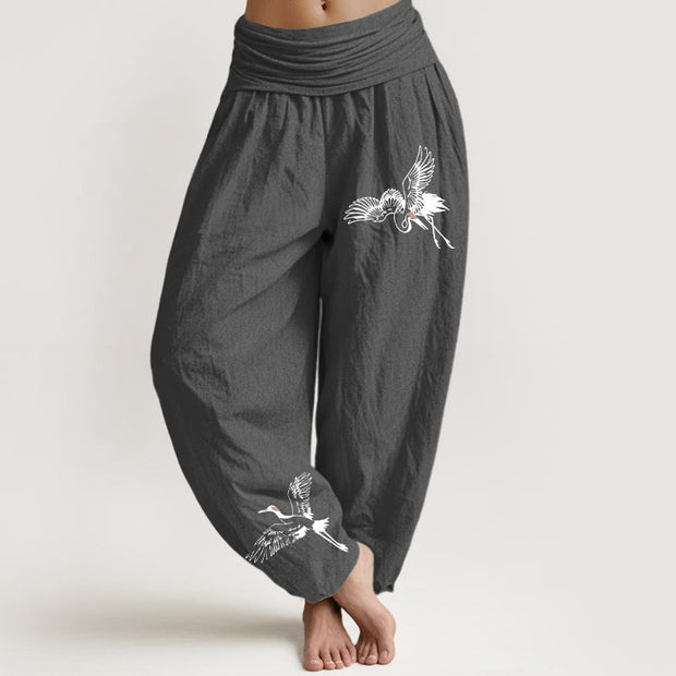 Buddha Stones Flying Red-crowned Cranes Pattern Women's Elastic Waist Harem Cotton Pants - DimGray - US22，UK/AU26，EU54 (6XL) - image 8