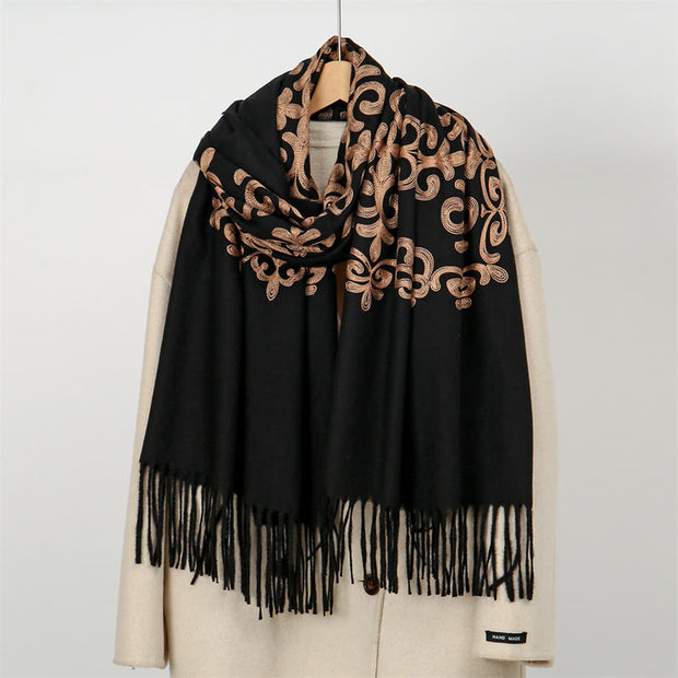 Buddha Stones Winter Black Diamond-shaped Golden Flowers Pattern Tassel Cozy Scarf Shawl - image 1