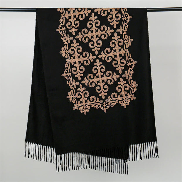Buddha Stones Winter Black Diamond-shaped Golden Flowers Pattern Tassel Cozy Scarf Shawl - image 2