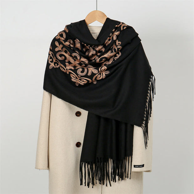 Buddha Stones Winter Black Diamond-shaped Golden Flowers Pattern Tassel Cozy Scarf Shawl - Black - 190*74cm - image 0