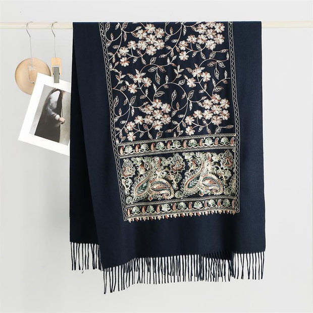 Buddha Stones Winter Brown-beige Small Flower Vine Cashew Flower Pattern Tassel Cozy Scarf Shawl - SteelBlue - 182*71cm - image 0