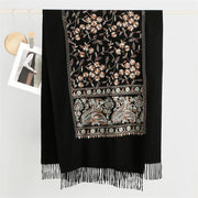 Buddha Stones Winter Brown-beige Small Flower Vine Cashew Flower Pattern Tassel Cozy Scarf Shawl - Black - 182*71cm - image 3