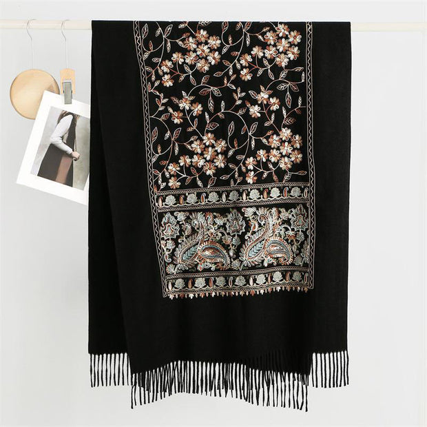 Buddha Stones Winter Brown-beige Small Flower Vine Cashew Flower Pattern Tassel Cozy Scarf Shawl - Black - 182*71cm - image 3