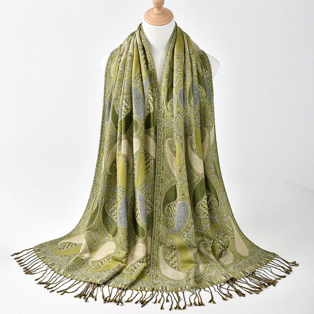 Buddha Stones Fall Cashew Flower Geometry Pattern Tassel Cozy Scarf Shawl - YellowGreen - 175*70CM - image 0