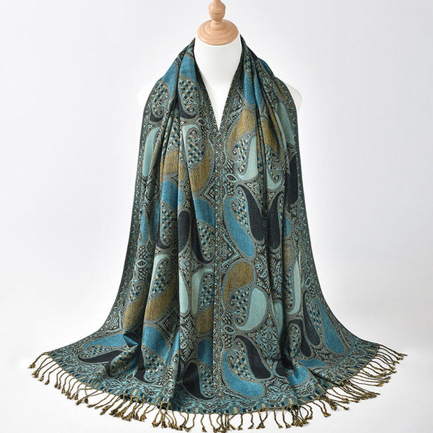 Buddha Stones Fall Cashew Flower Geometry Pattern Tassel Cozy Scarf Shawl - CadetBlue - 175*70CM - image 2