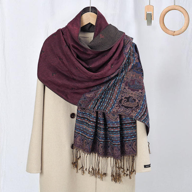 Buddha Stones Spring Cashew Flower Stripe Geometric Pattern Tassel Soft Scarf Shawl - DarkMagenta - 170*67cm - image 4