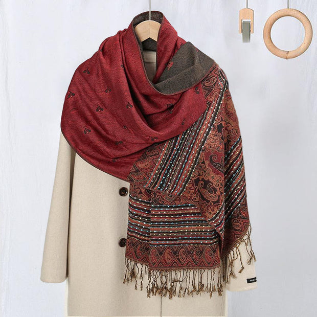 Buddha Stones Spring Cashew Flower Stripe Geometric Pattern Tassel Soft Scarf Shawl - FireBrick - 170*67cm - image 0