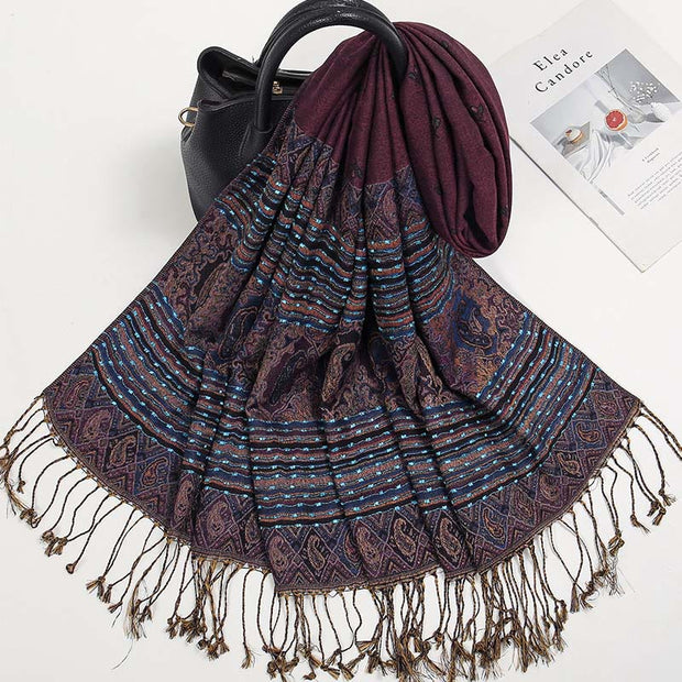 Buddha Stones Spring Cashew Flower Stripe Geometric Pattern Tassel Soft Scarf Shawl - image 5